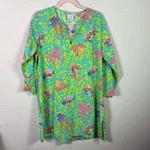 Gretchen Scott Designs Coral Fish Octopus Design V-neck Top Tunic Green Blue L